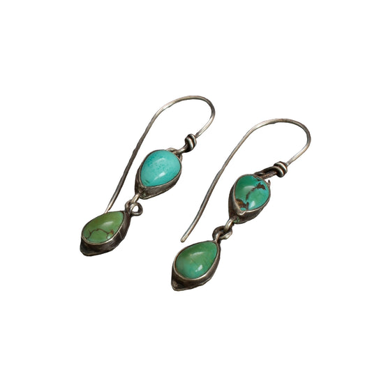 Early Navajo Or Pueblo Natural Turquoise Dangle Earrings Circa 1920 - Turquoise & Tufa