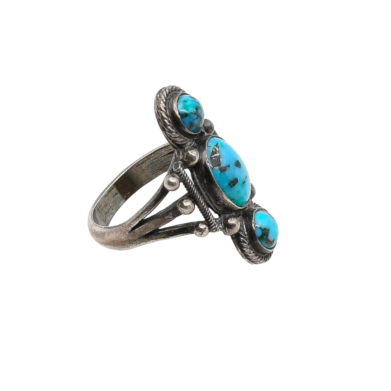 Early Navajo or Pueblo Three Stone Turquoise and Silver Ring - Turquoise & Tufa