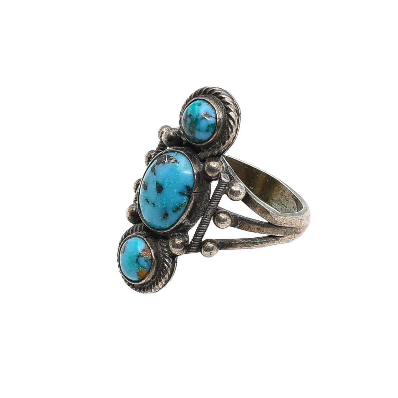 Early Navajo or Pueblo Three Stone Turquoise and Silver Ring - Turquoise & Tufa