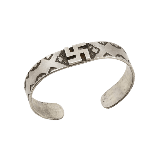 Early Navajo Silver Curio Bracelet With Whirling Log - Turquoise & Tufa