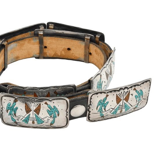 Early Tommy Singer Belt With Chip Inlay Waterbirds - Turquoise & Tufa