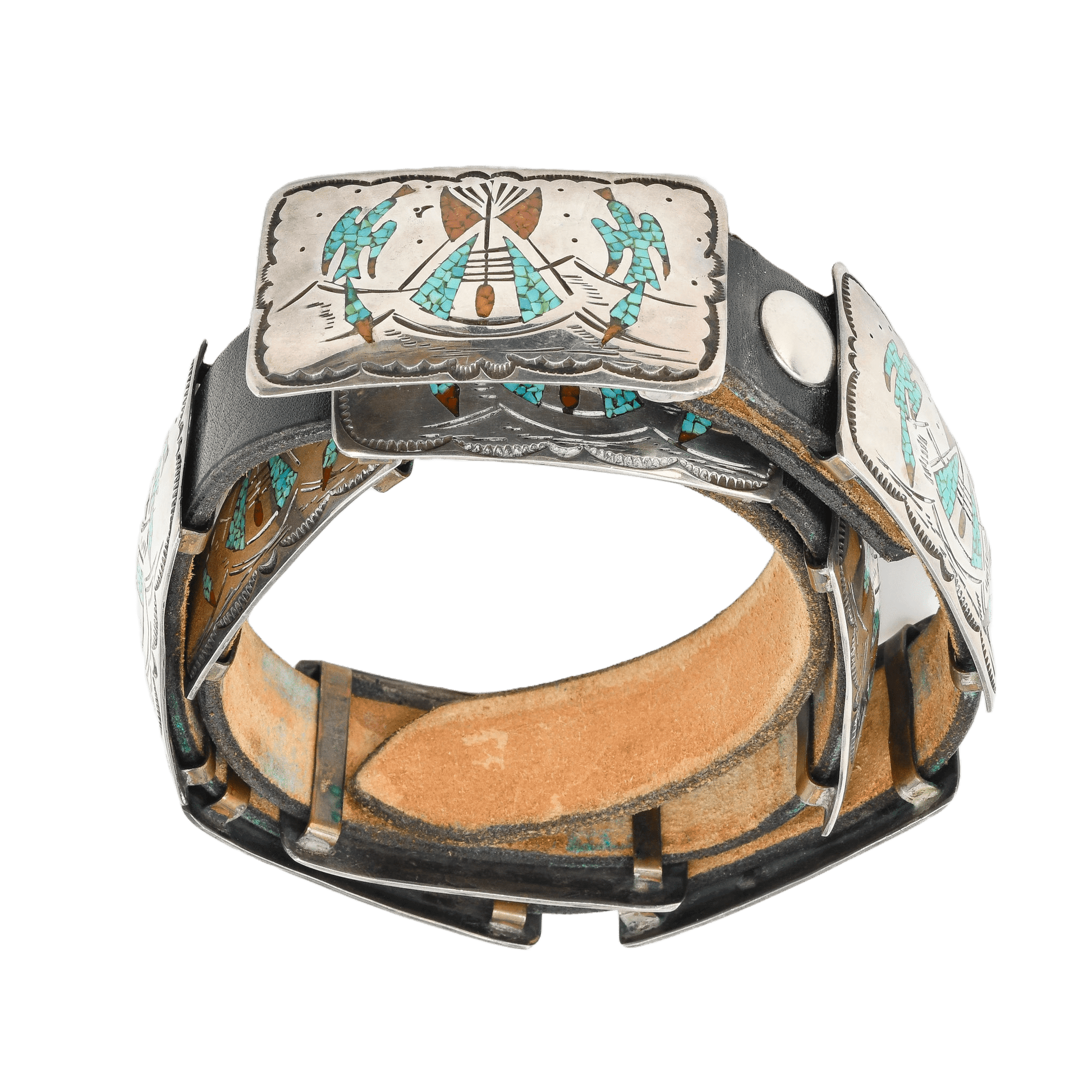 Early Tommy Singer Belt With Chip Inlay Waterbirds - Turquoise & Tufa