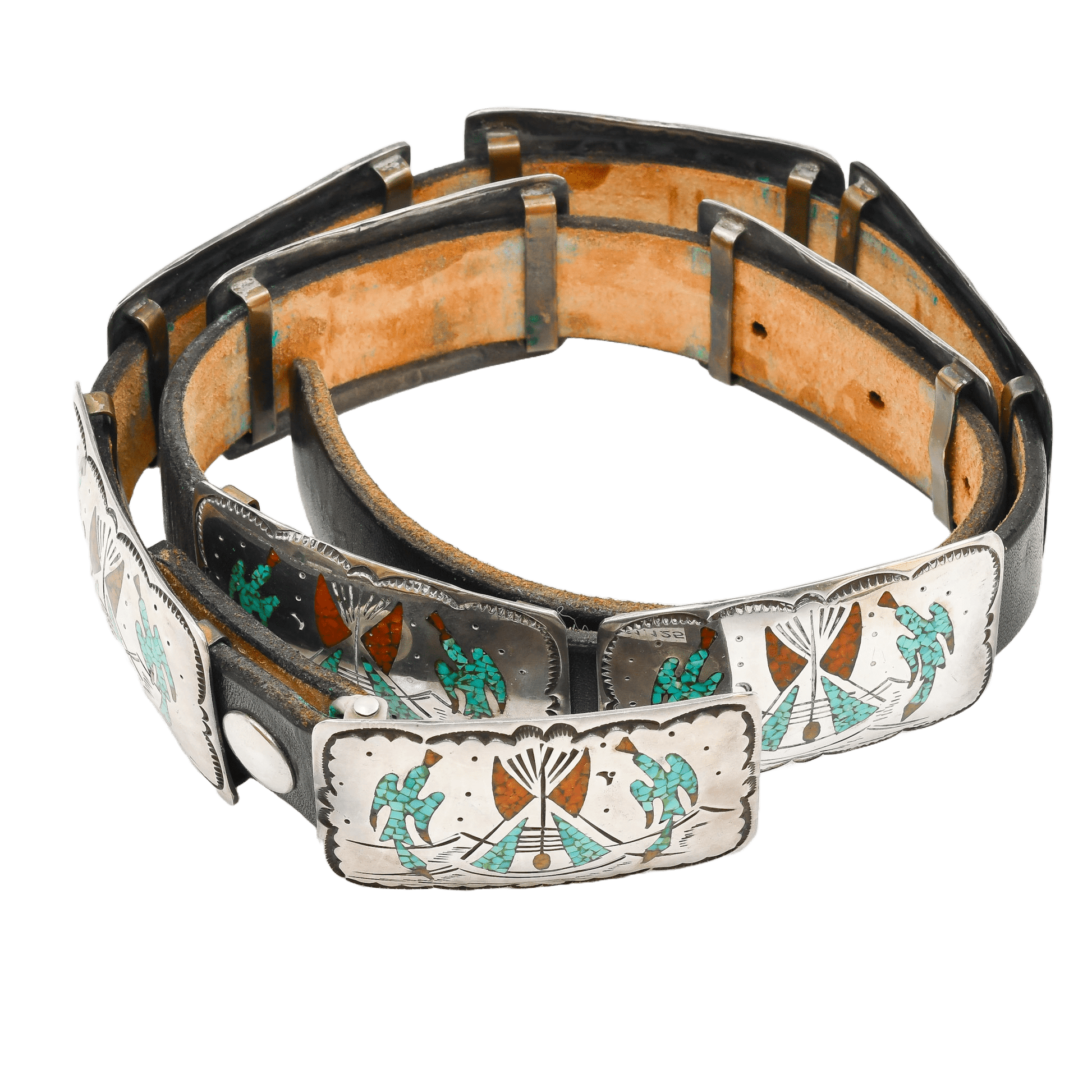 Early Tommy Singer Belt With Chip Inlay Waterbirds - Turquoise & Tufa