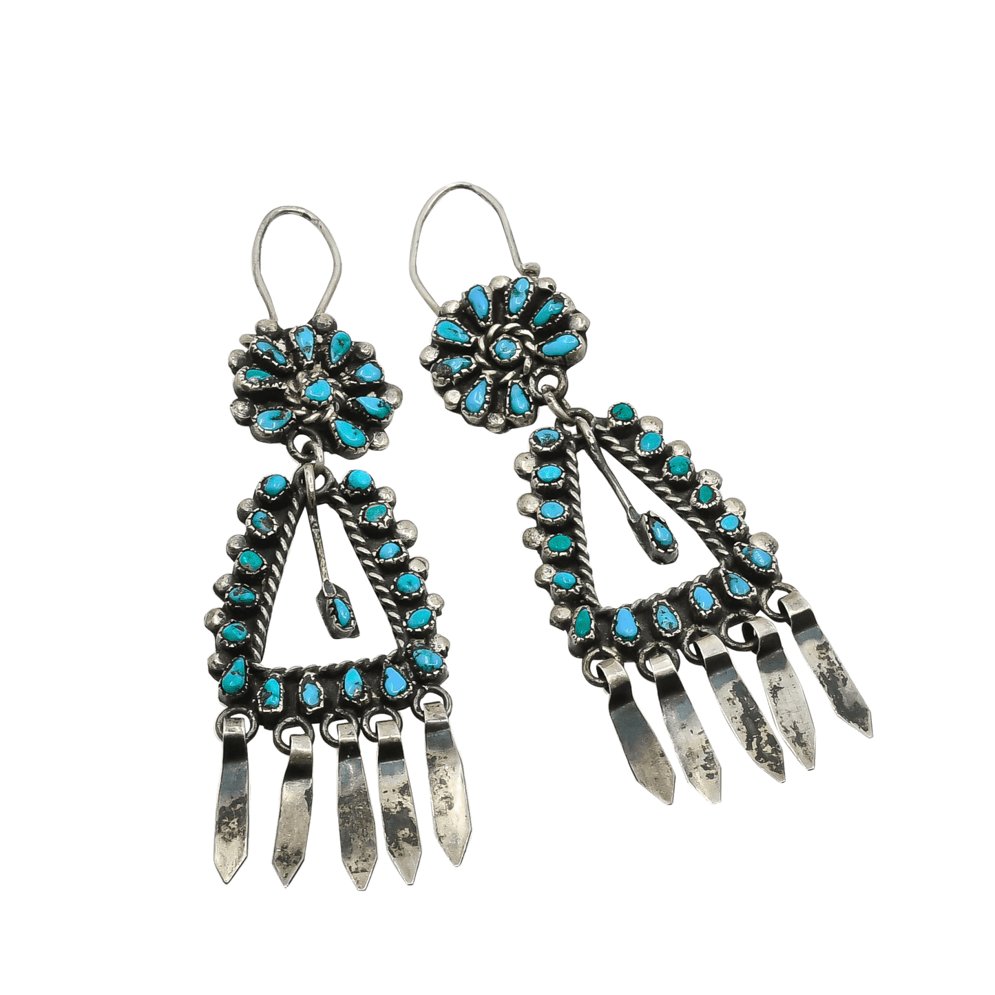 Exquisite Old Zuni Turquoise Dangle Earrings - Turquoise & Tufa