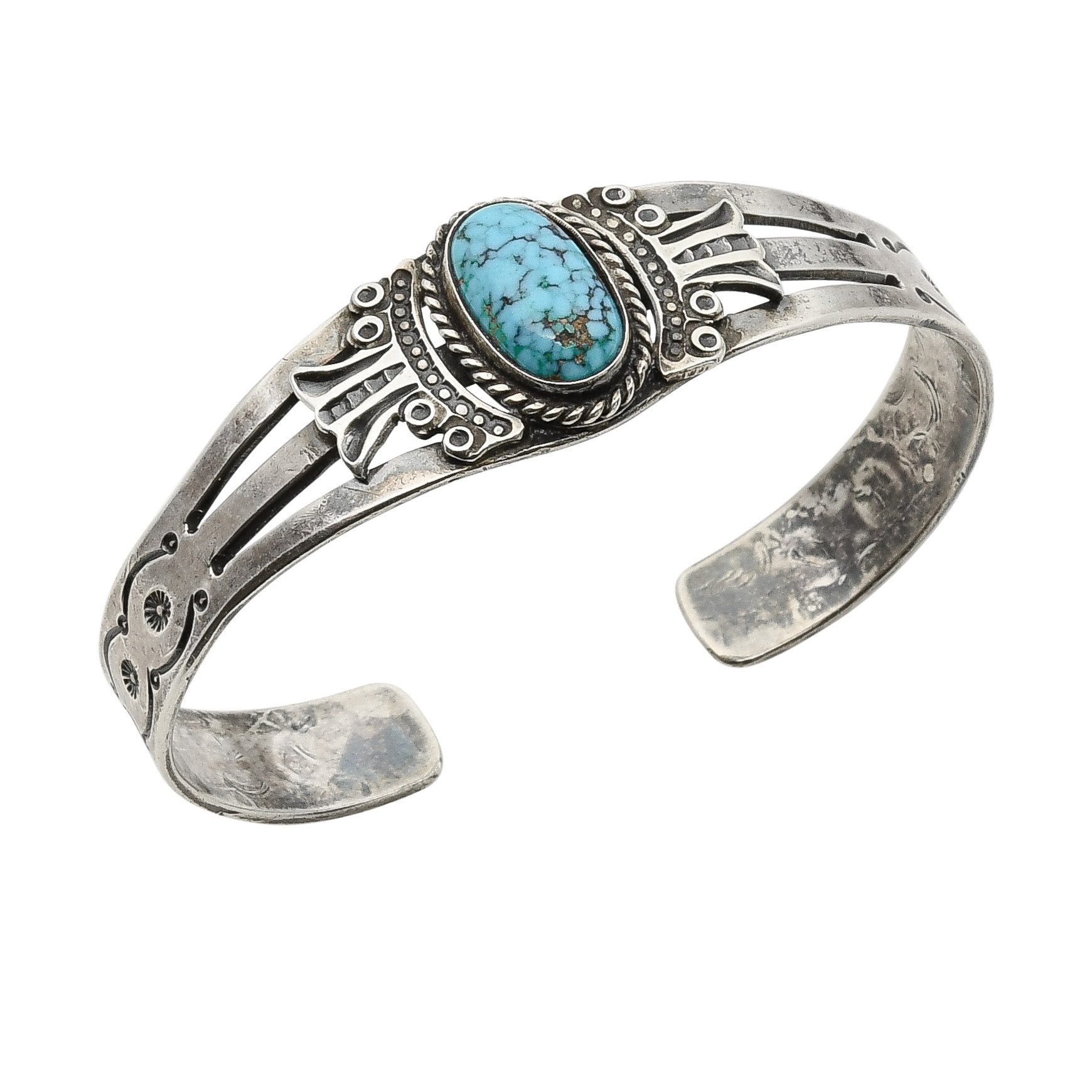 Fred Peshlakai Bracelet Of Silver and Lone Mountain Turquoise - Turquoise & Tufa