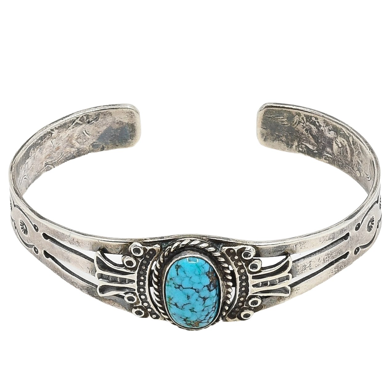 Fred Peshlakai Bracelet Of Silver and Lone Mountain Turquoise - Turquoise & Tufa