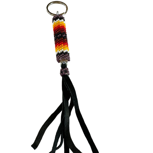 Handmade Navajo Beaded Key Chain With Black Leather Fringe - Turquoise & Tufa