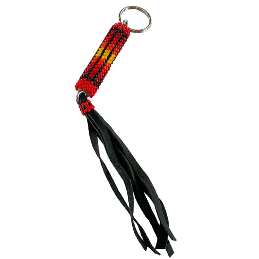 Handmade Navajo Key Chain Red and Black Seed Beads With Black Suede Fringe - Turquoise & Tufa