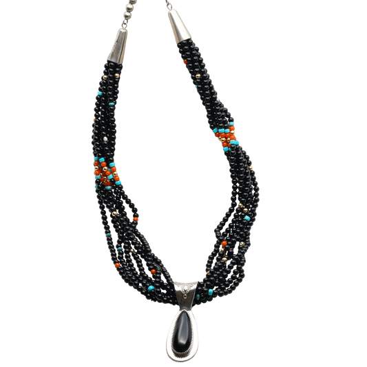 Jake And Irene Livingston Necklace of Onyx Turquoise Coral and Gold Beads - Turquoise & Tufa