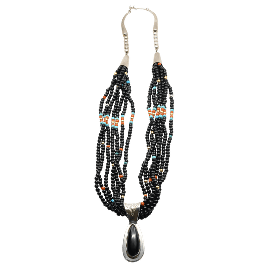 Jake And Irene Livingston Necklace of Onyx Turquoise Coral and Gold Beads - Turquoise & Tufa