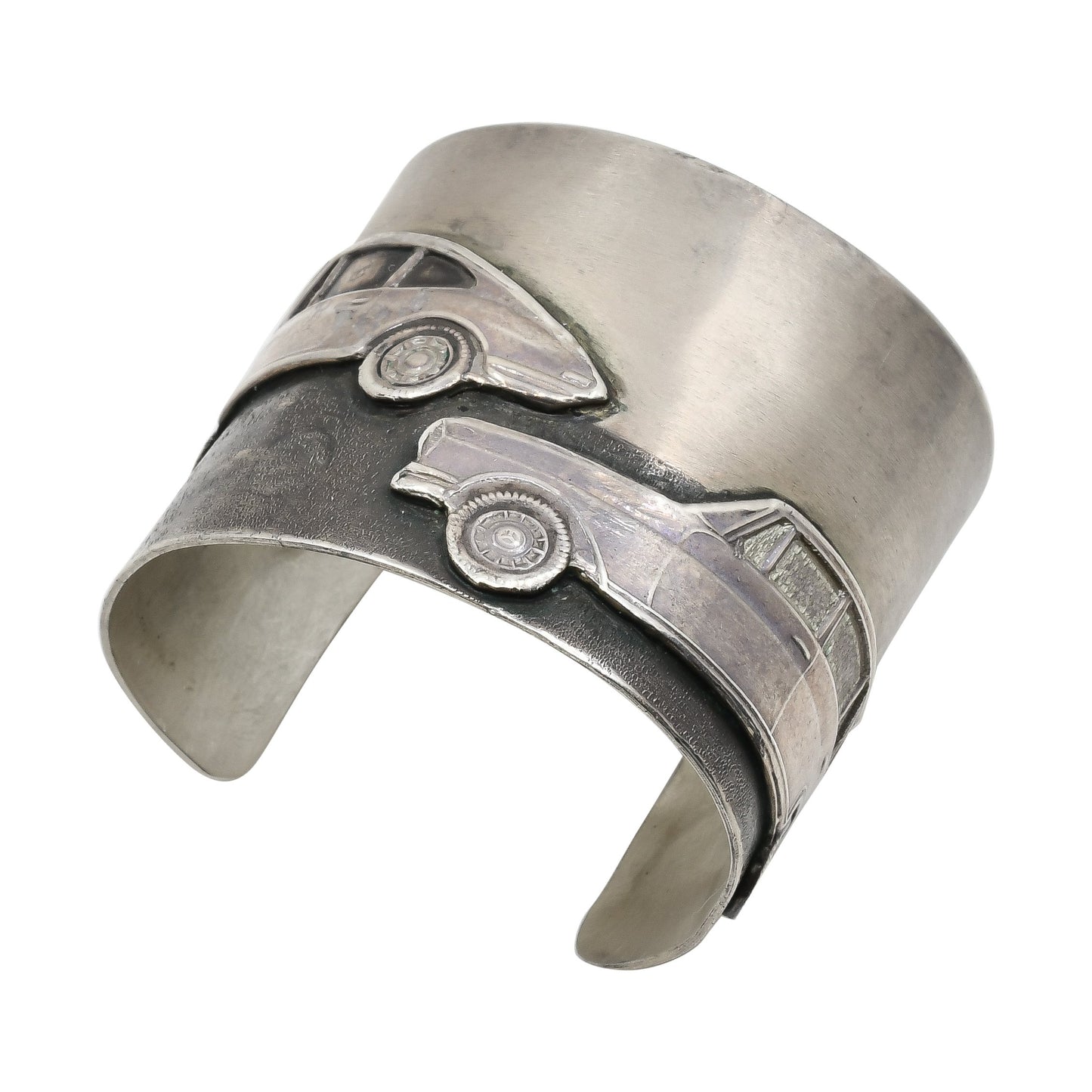 Keri Ataumbi Wide Silver Cuff Bracelet of Sculpted Silver Vintage Cars - Turquoise & Tufa