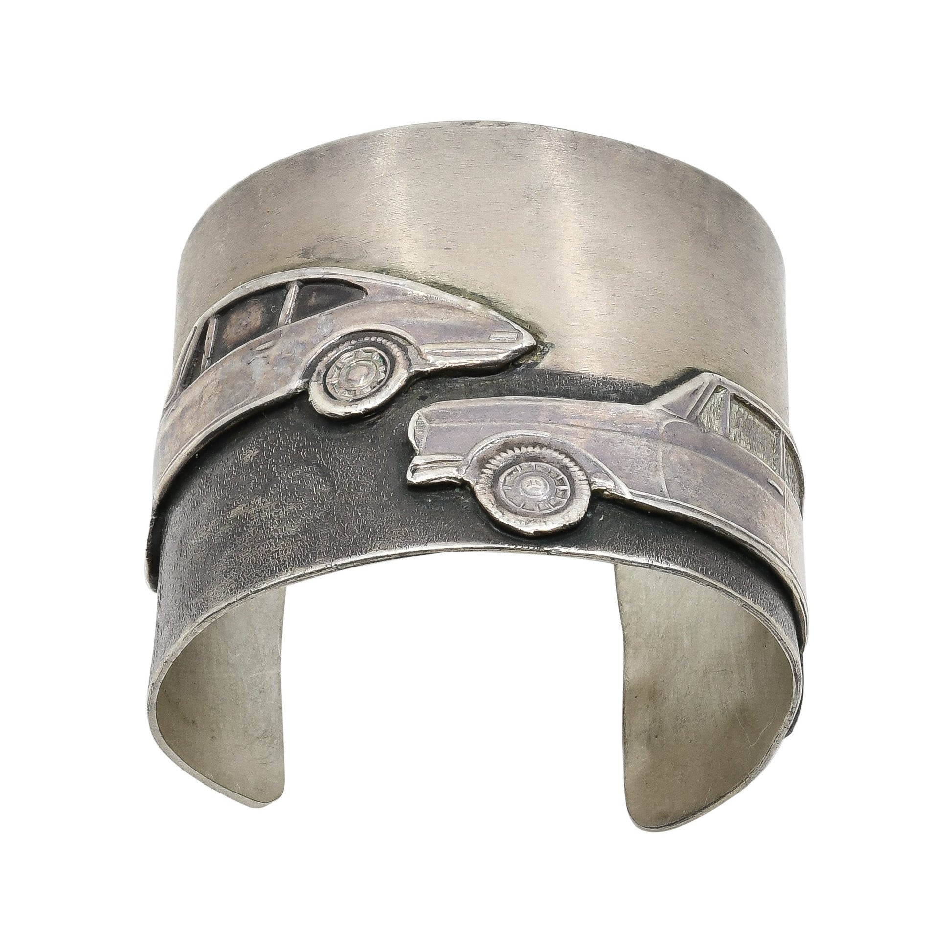 Keri Ataumbi Wide Silver Cuff Bracelet of Sculpted Silver Vintage Cars - Turquoise & Tufa