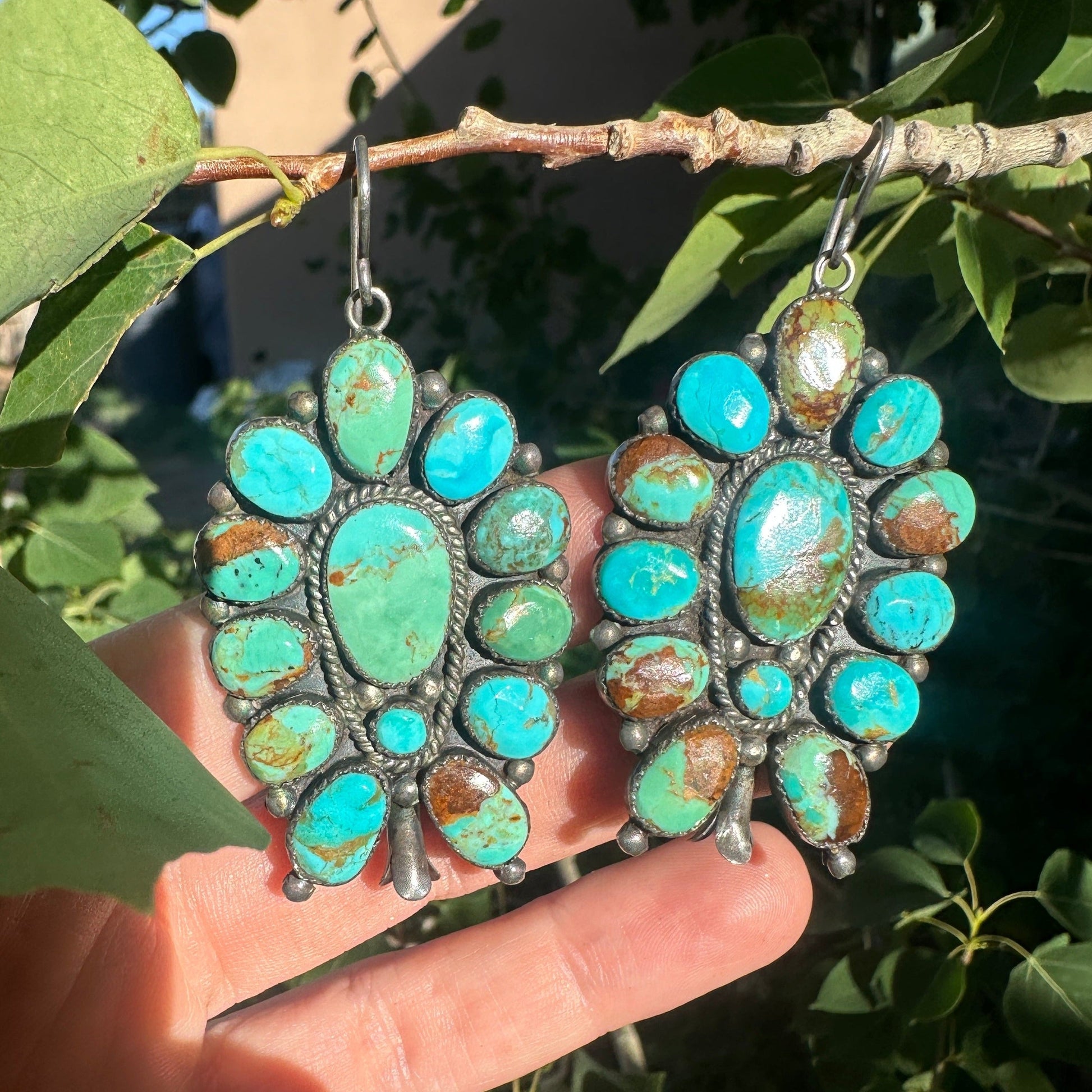 Large Vintage Navajo Turquoise Cluster Earrings - Turquoise & Tufa