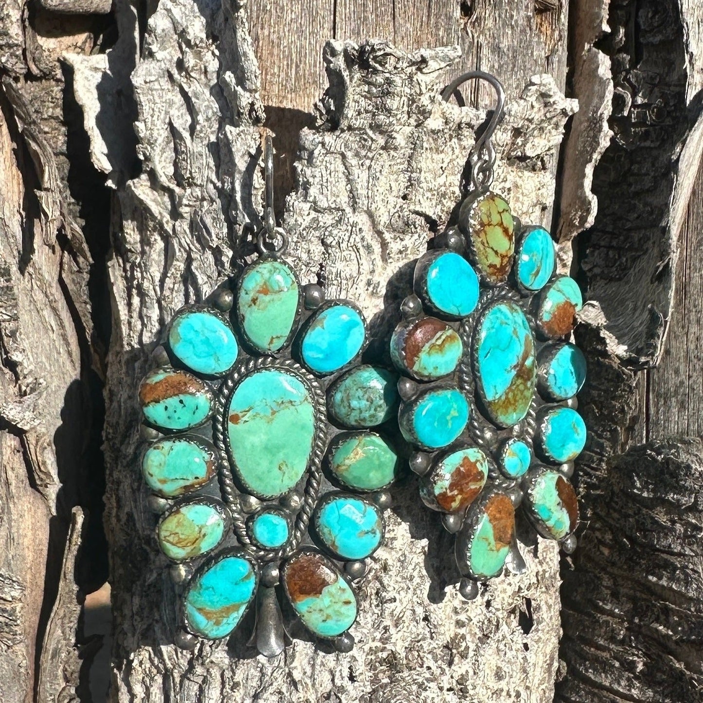 Large Vintage Navajo Turquoise Cluster Earrings - Turquoise & Tufa