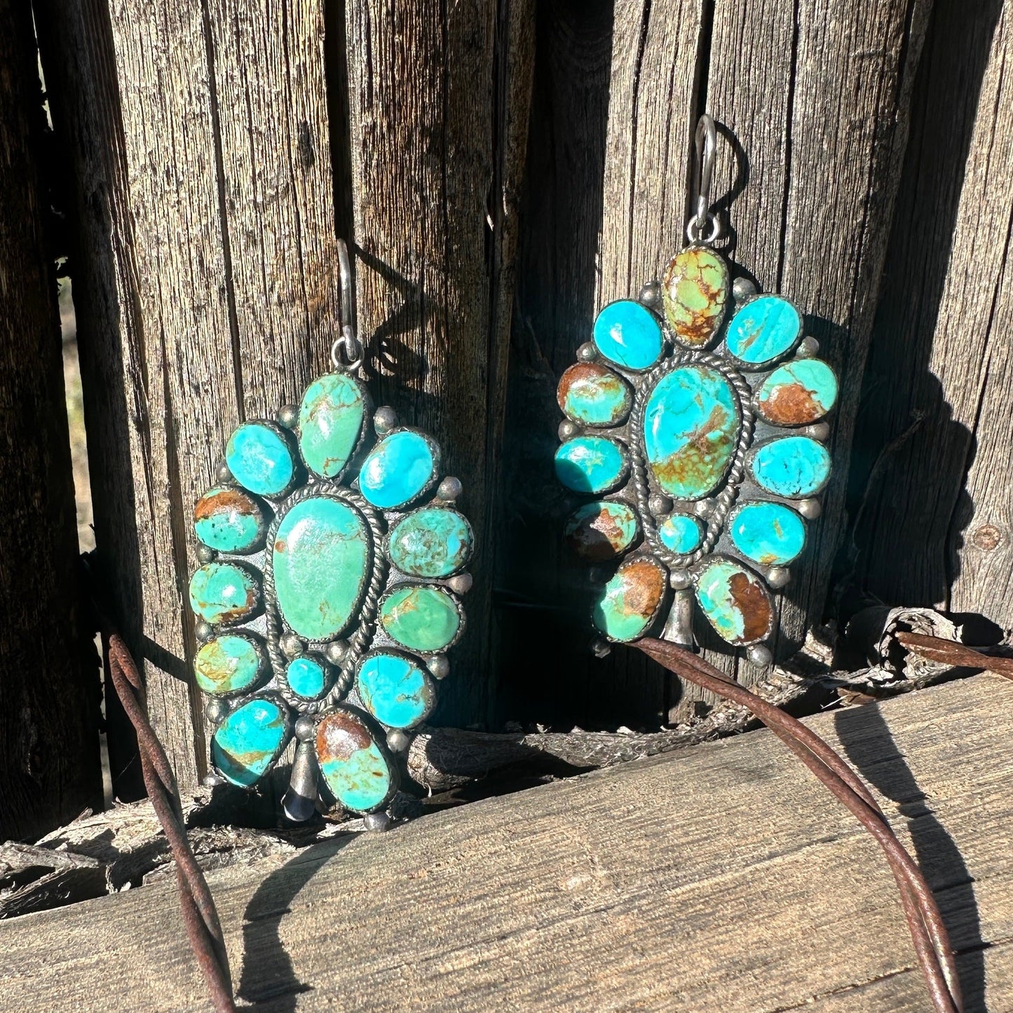 Large Vintage Navajo Turquoise Cluster Earrings - Turquoise & Tufa