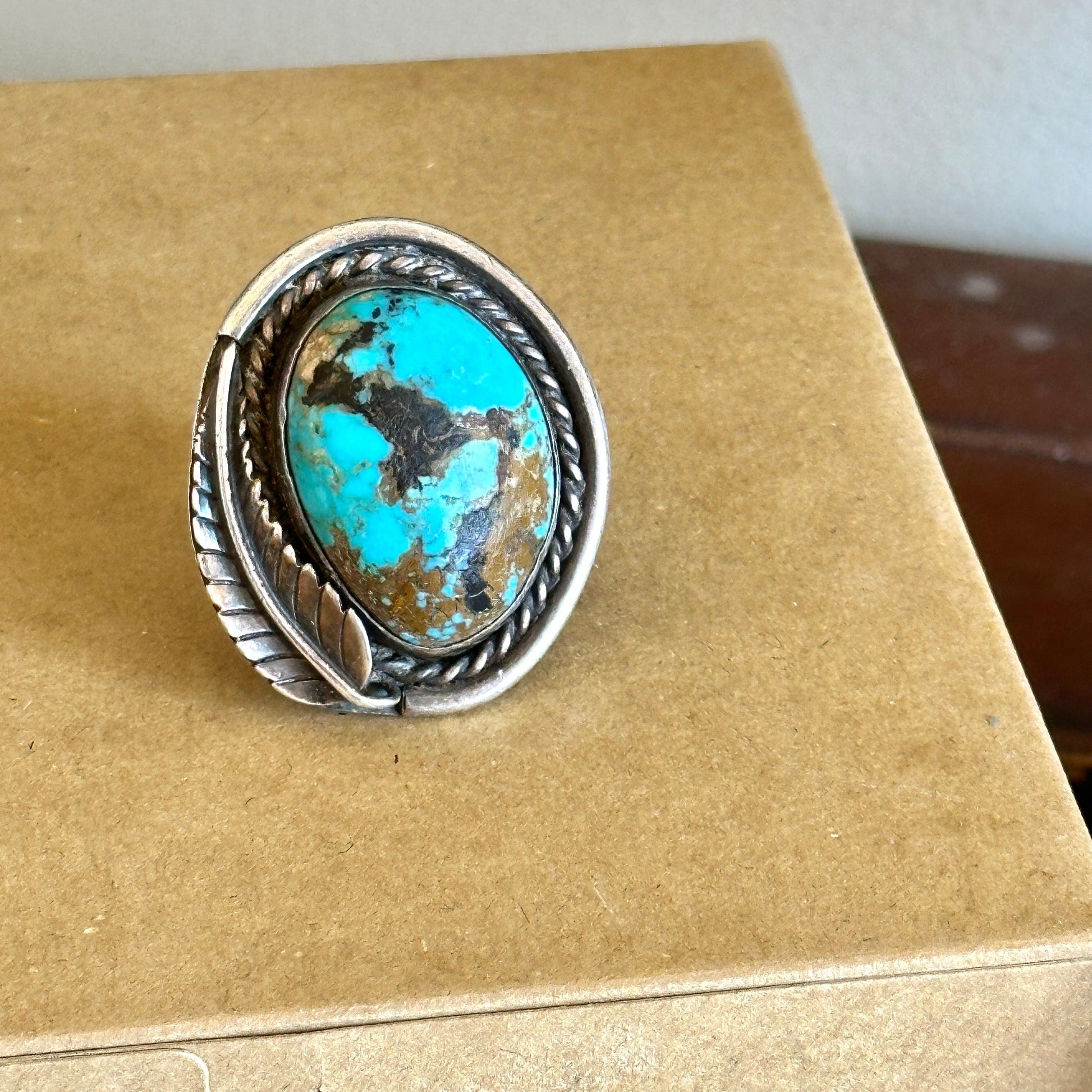 Large Vintage Navajo Turquoise Ring Likely Blue Diamond Stone - Turquoise & Tufa