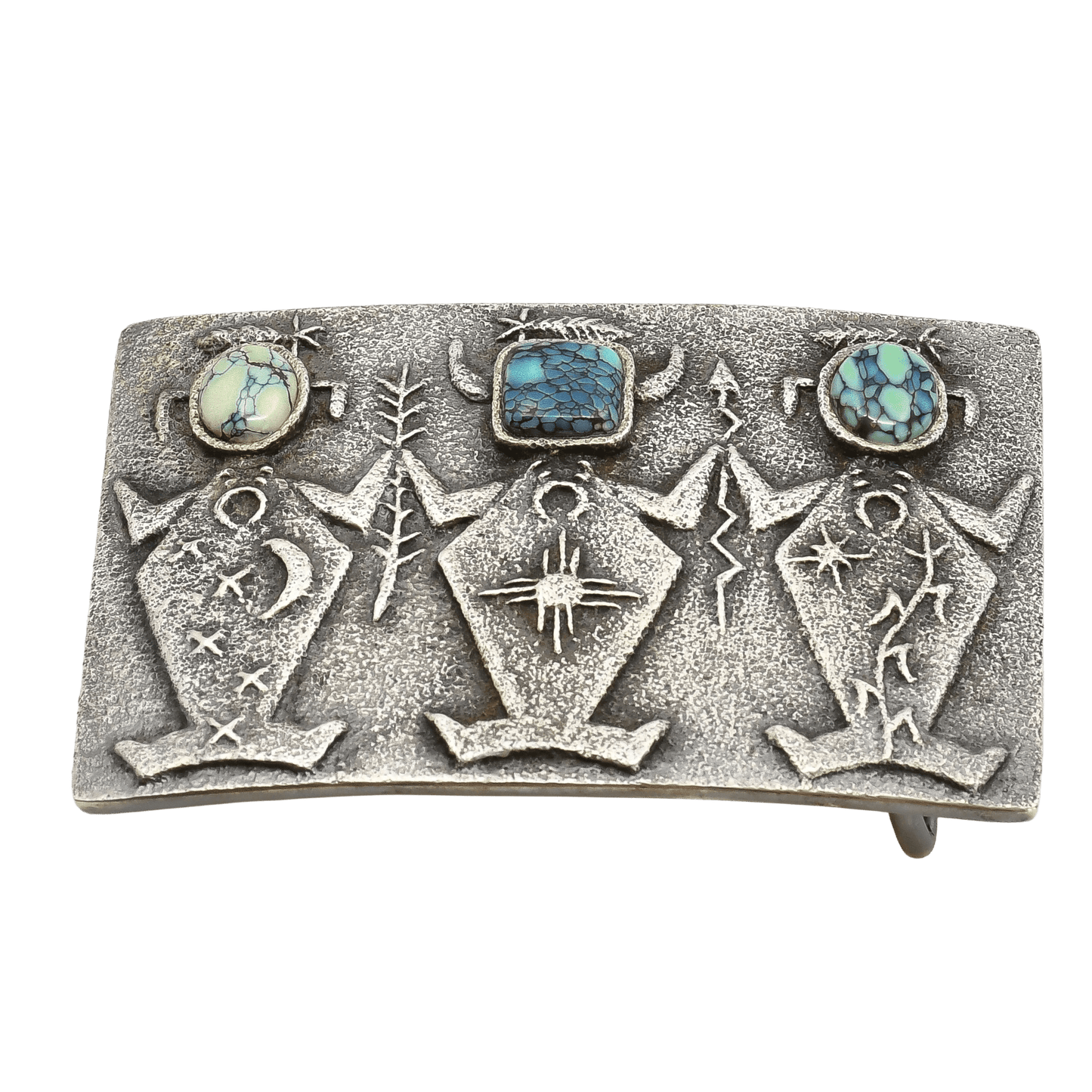 Lee Begay Silver Tufa Cast Buckle With Three Figures and Turquoise - Turquoise & Tufa