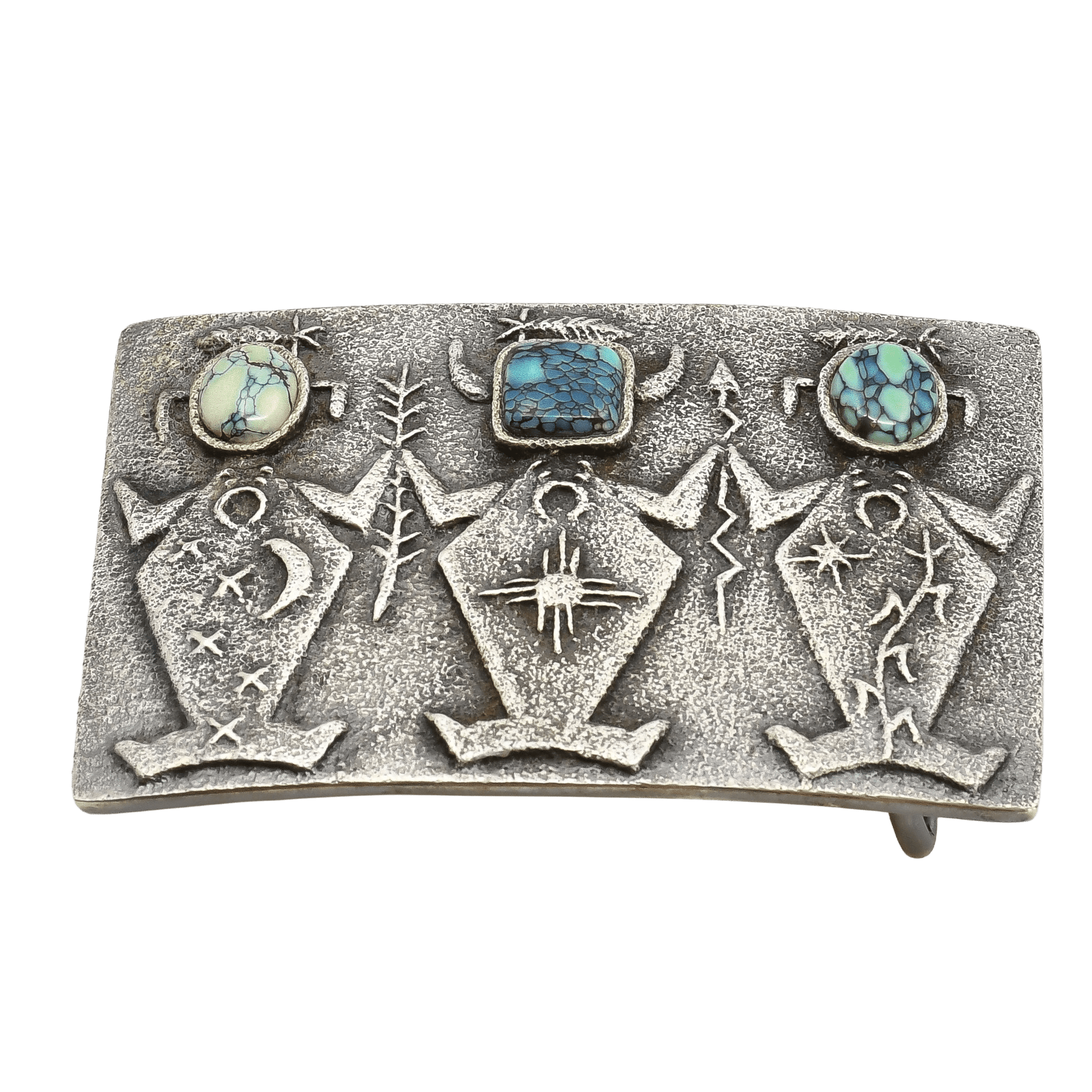 Lee Begay Silver Tufa Cast Buckle With Three Figures and Turquoise - Turquoise & Tufa