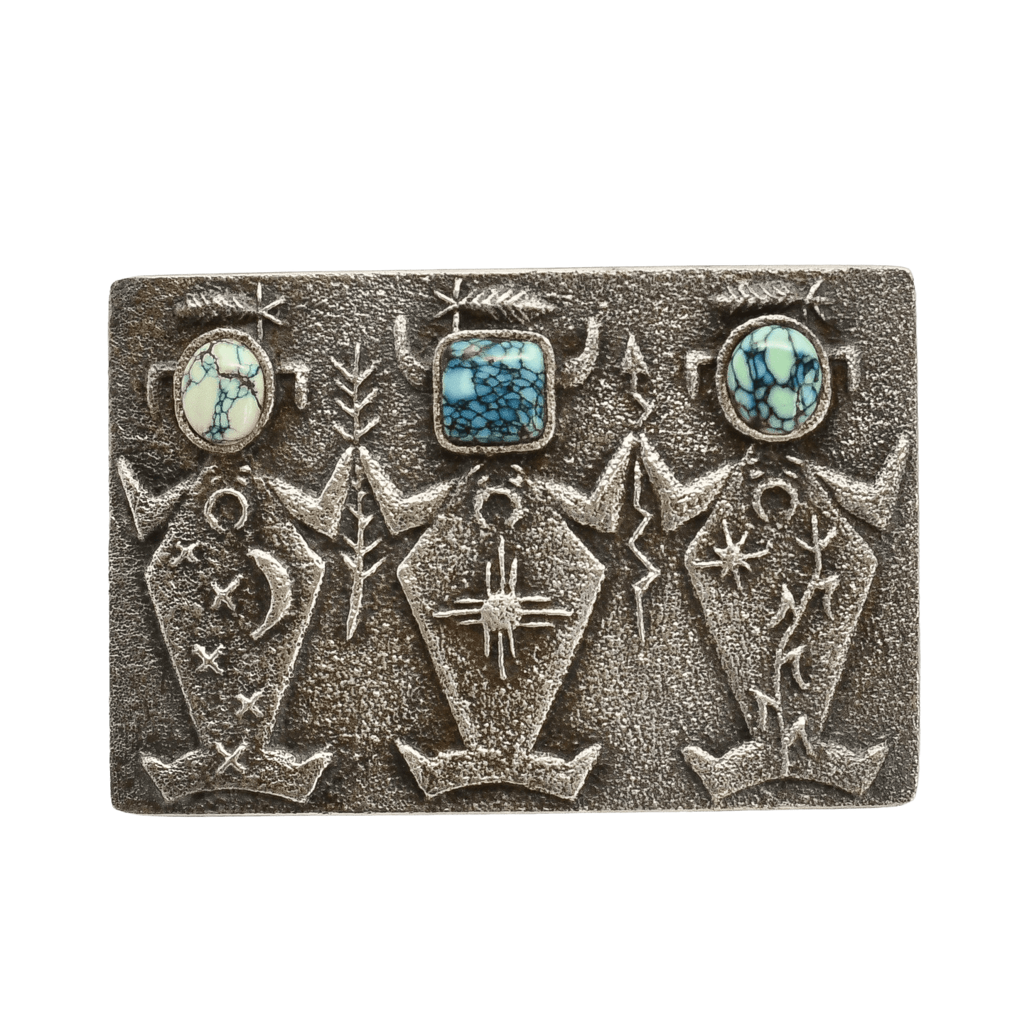 Lee Begay Silver Tufa Cast Buckle With Three Figures and Turquoise - Turquoise & Tufa