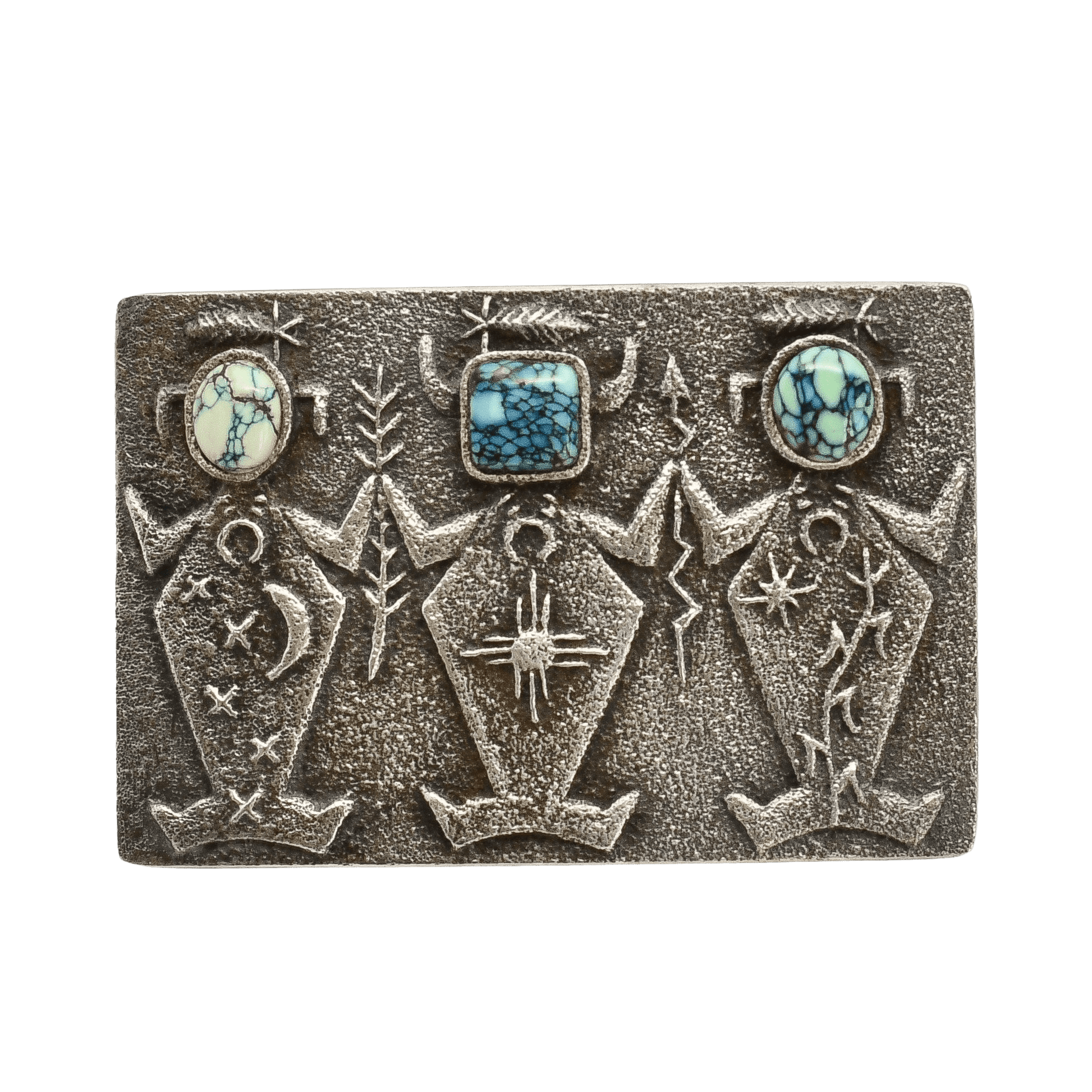 Lee Begay Silver Tufa Cast Buckle With Three Figures and Turquoise - Turquoise & Tufa