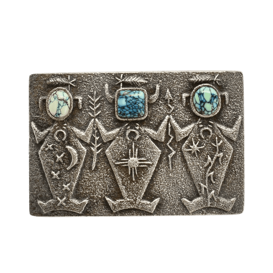 Lee Begay Silver Tufa Cast Buckle With Three Figures and Turquoise - Turquoise & Tufa