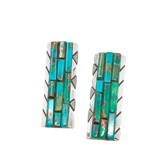 Len Adakai Earrings of Turquoise Mosaic Inlay - Turquoise & Tufa