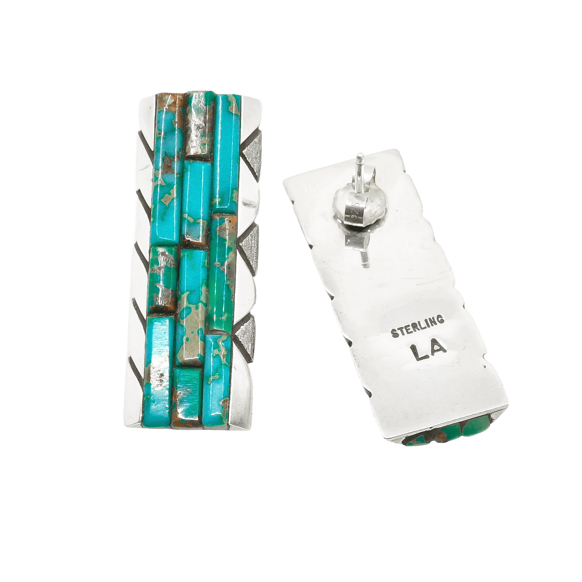 Len Adakai Earrings of Turquoise Mosaic Inlay - Turquoise & Tufa
