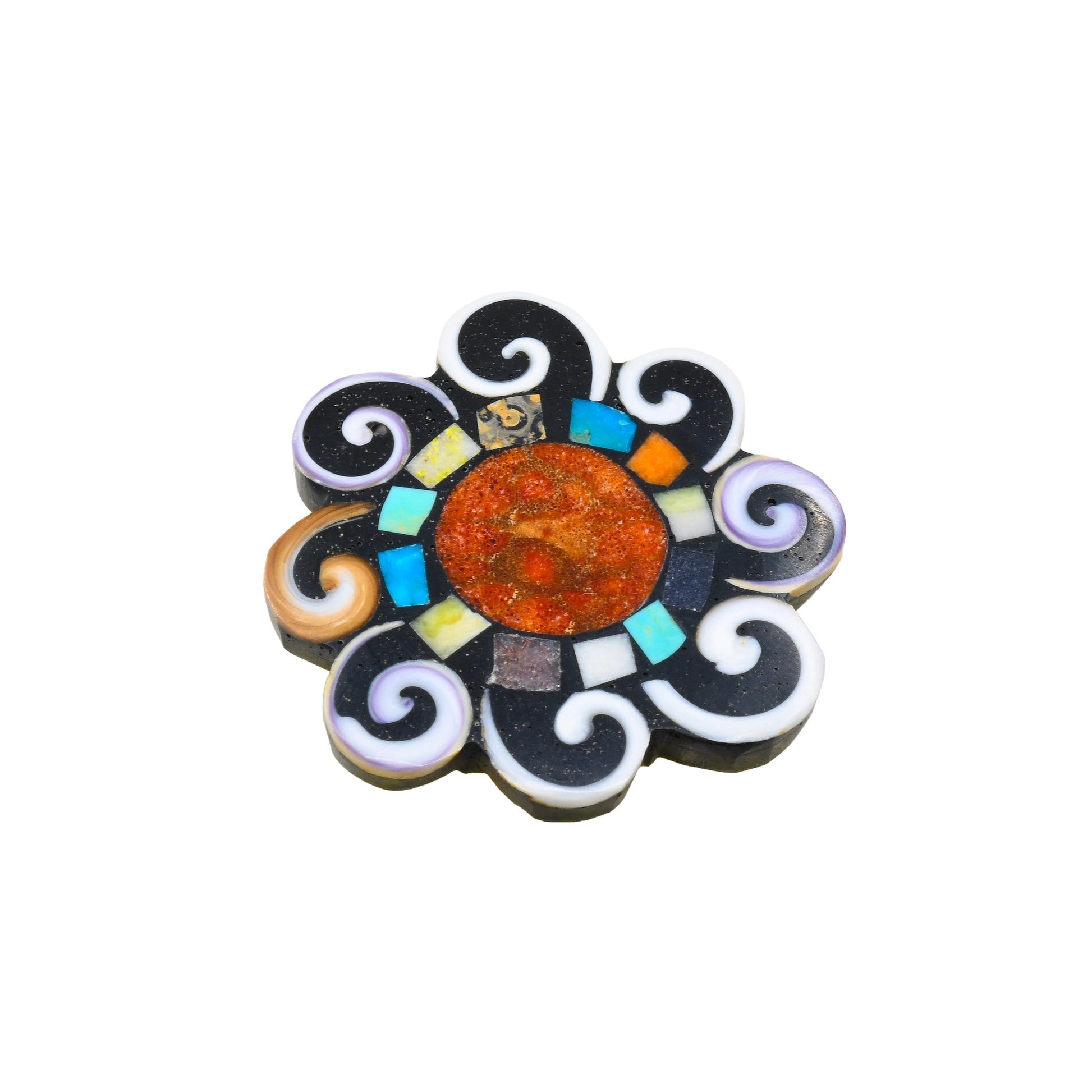 Mary Tafoya Pin Pendant of Colorful Inlay Flower - Turquoise & Tufa