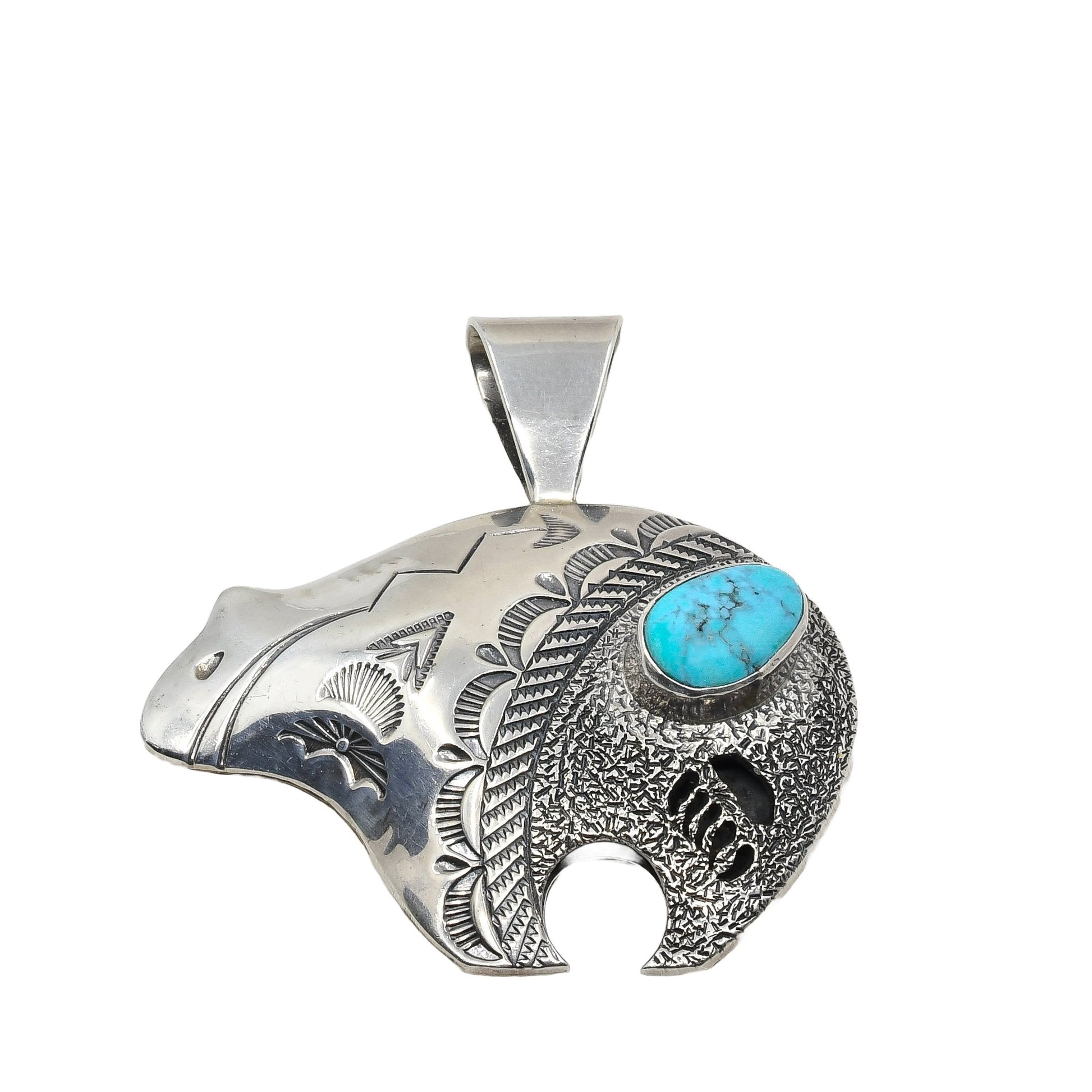 Navajo Bear Pendant of Stamped Silver and Turquoise - Turquoise & Tufa