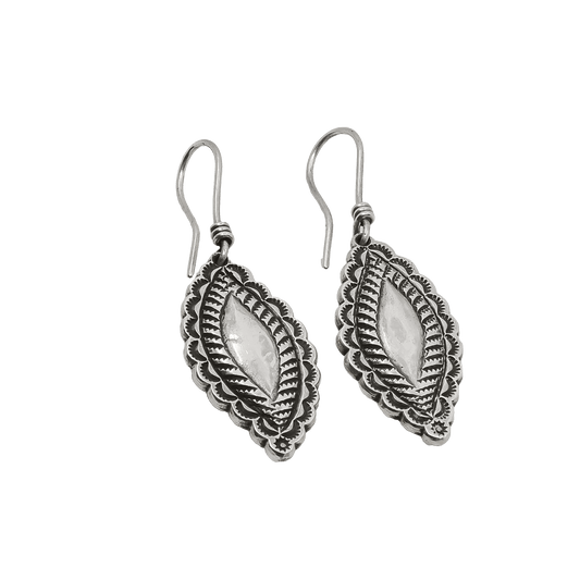 Navajo Coin Silver Earrings by Perry Shorty of Dangling Silver Repousse - Turquoise & Tufa