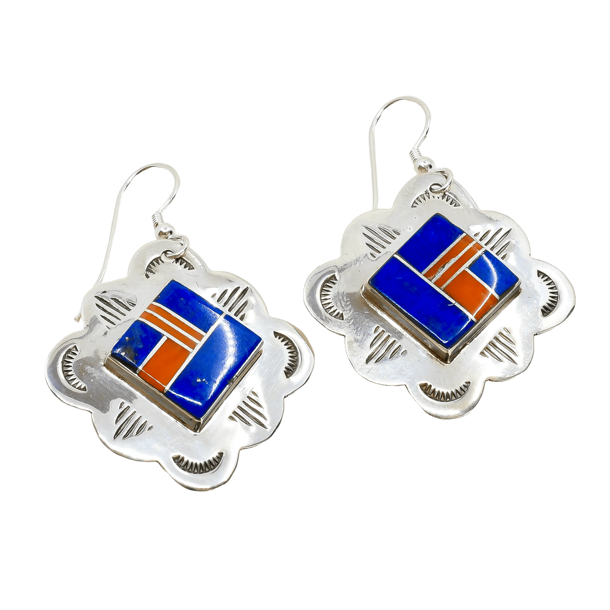 Navajo Earrings of Coral And Lapis Inlay By John Charley - Turquoise & Tufa