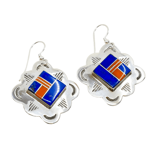 Navajo Earrings of Coral And Lapis Inlay By John Charley - Turquoise & Tufa