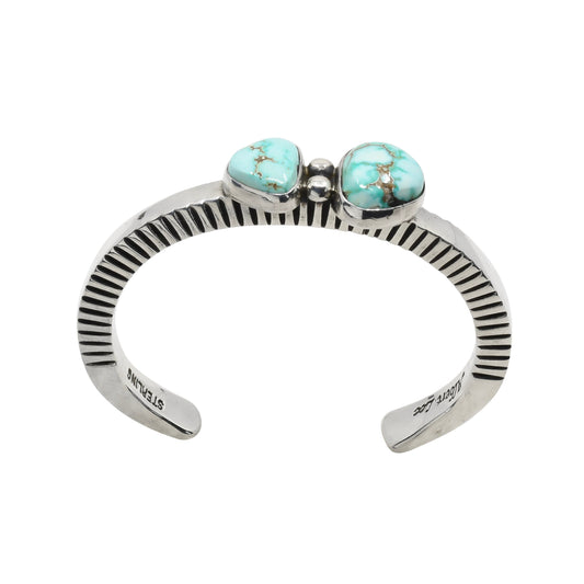 Navajo Height Bracelet of Silver and 8 Turquoise by Albert Lee - Turquoise & Tufa