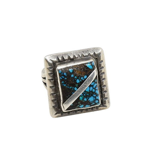 Old Navajo Ring of Silver Set with Natural Spiderweb Stone - Turquoise & Tufa
