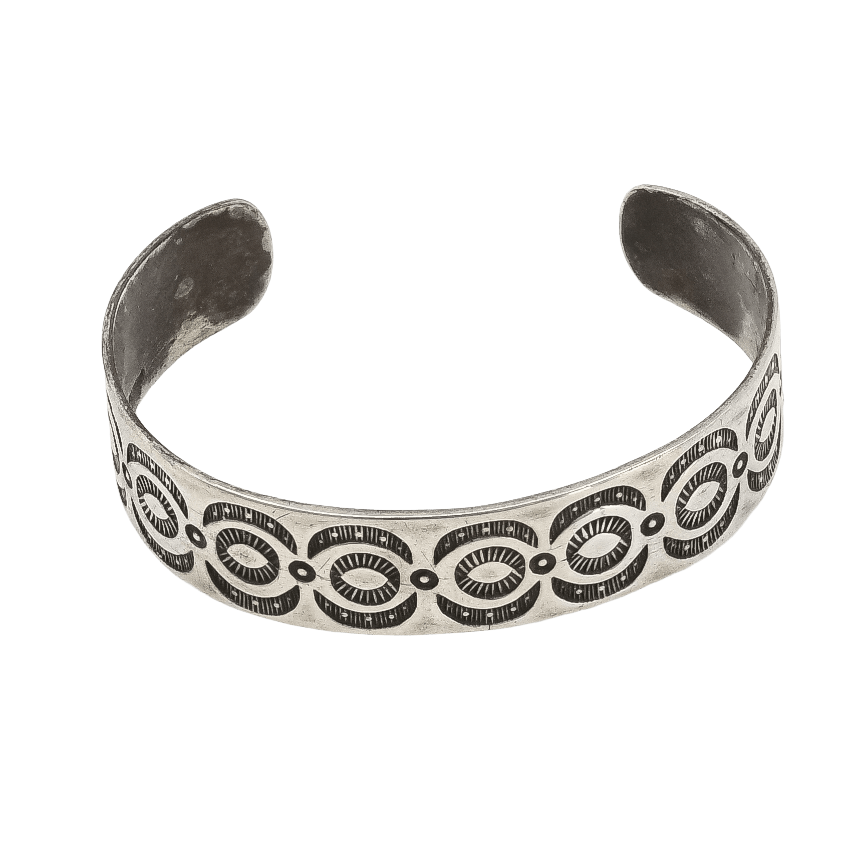 Old Navajo Silver Bracelet With Repeating Crescent and Eye Stamp Work - Turquoise & Tufa