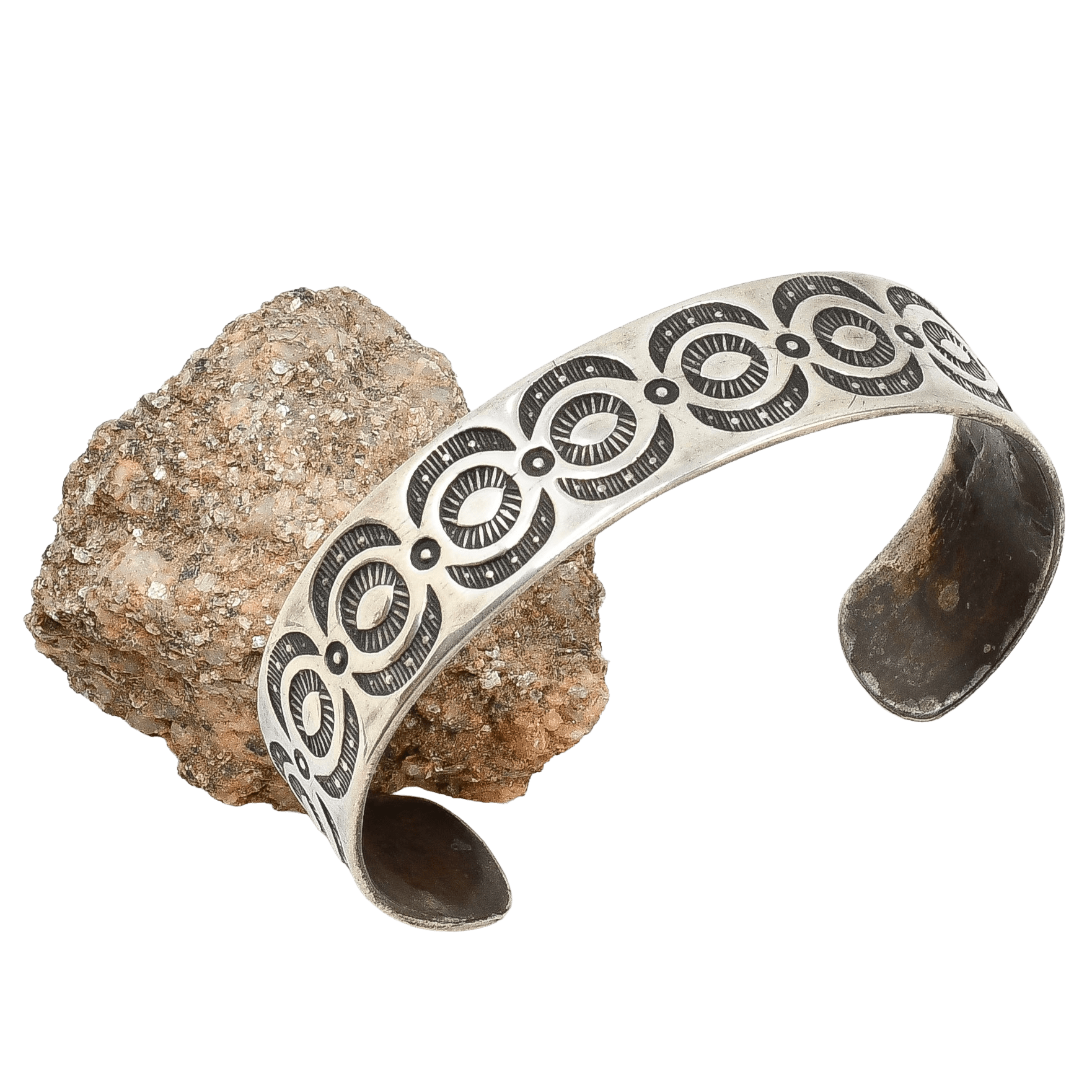 Old Navajo Silver Bracelet With Repeating Crescent and Eye Stamp Work - Turquoise & Tufa