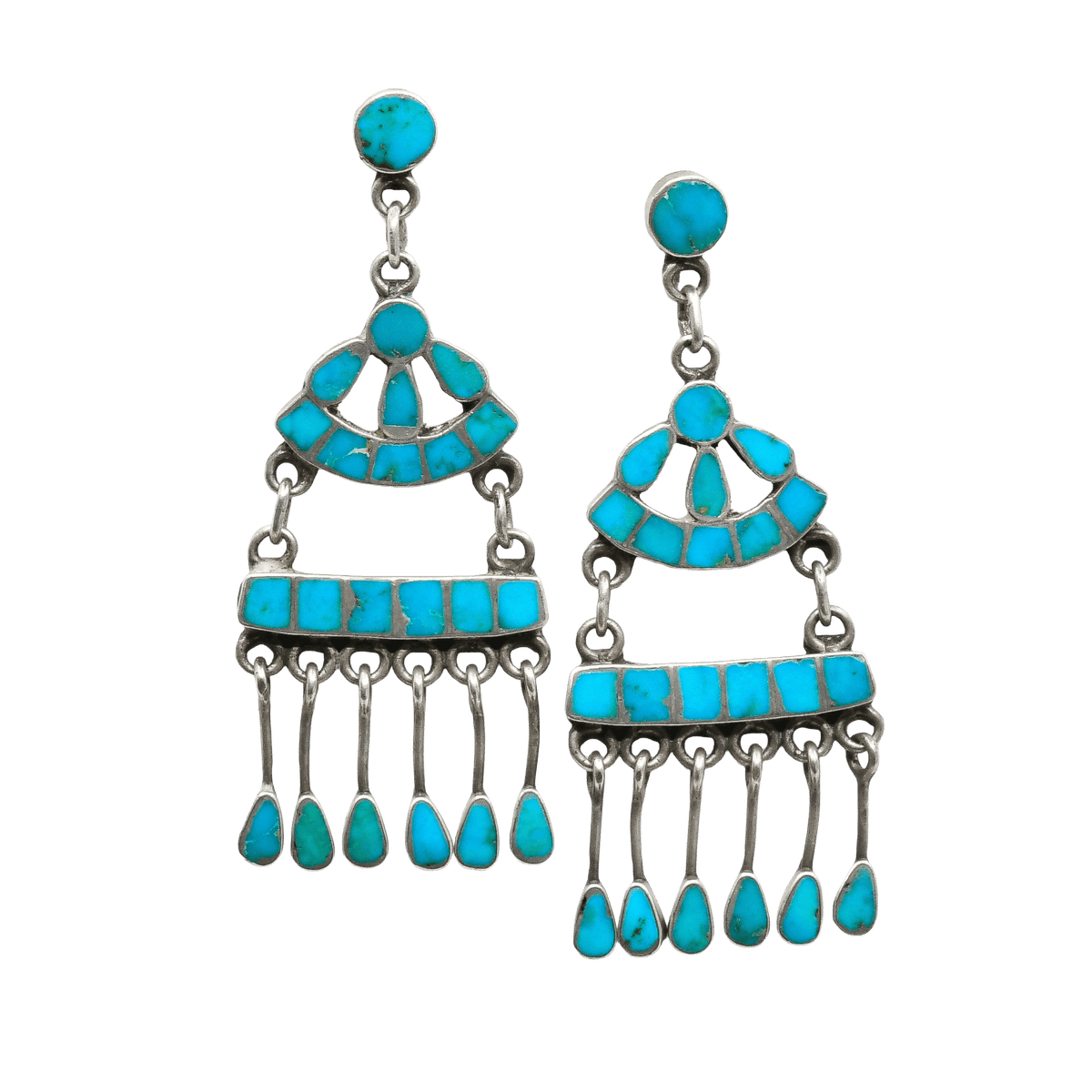 Old Zuni Dangle Earrings of Blue Gem Turquoise - Turquoise & Tufa