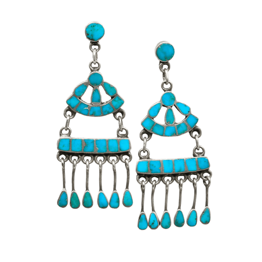 Old Zuni Dangle Earrings of Blue Gem Turquoise - Turquoise & Tufa