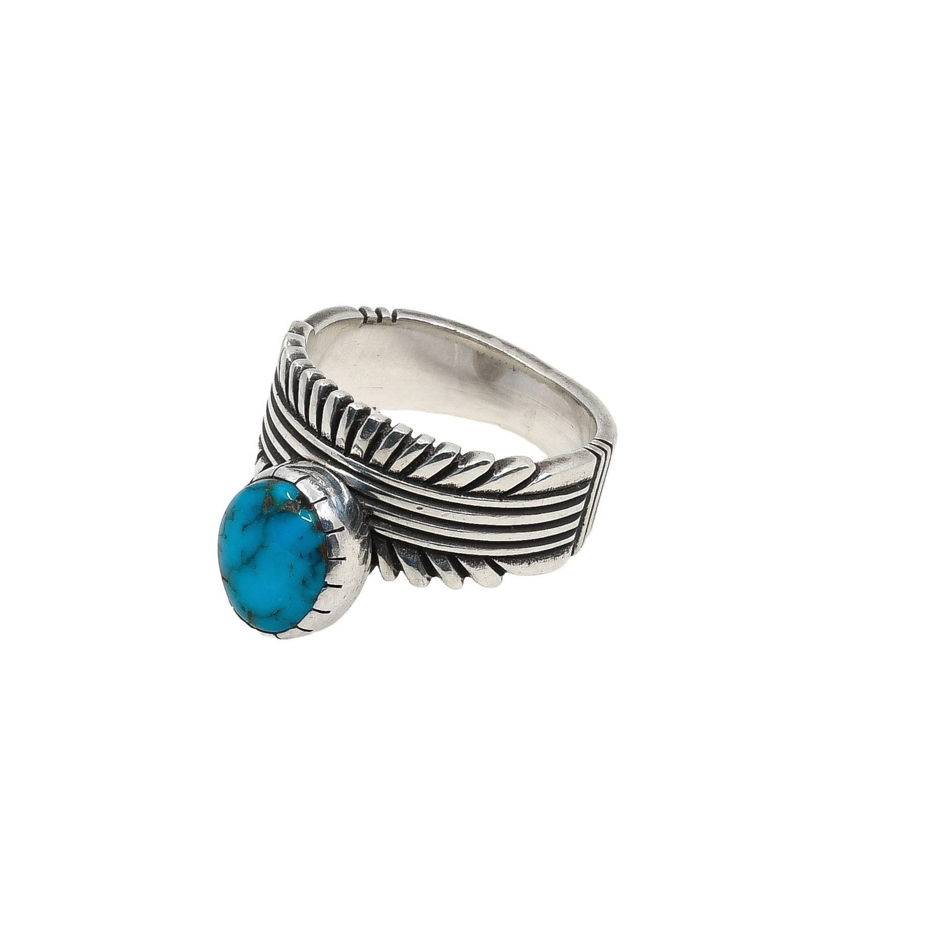 Pat Bedonie Ring of File and Chisel Silver and Turquoise - Turquoise & Tufa