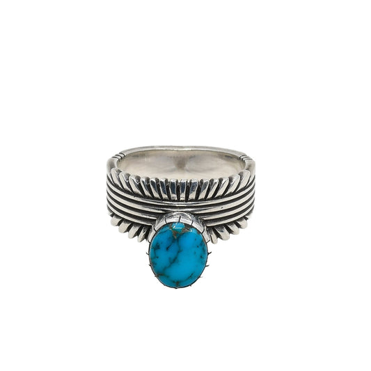 Pat Bedonie Ring of File and Chisel Silver and Turquoise - Turquoise & Tufa