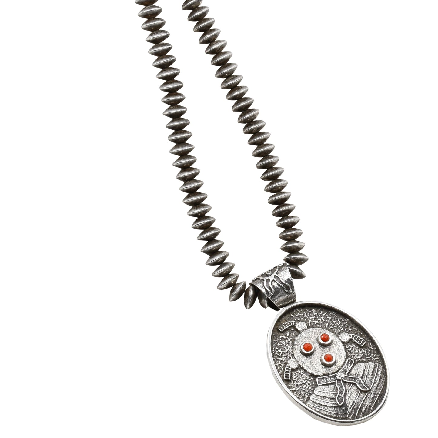 Philander Begay Necklace with Dual Sided Pendant of Mudhead and Pueblo Scene - Turquoise & Tufa