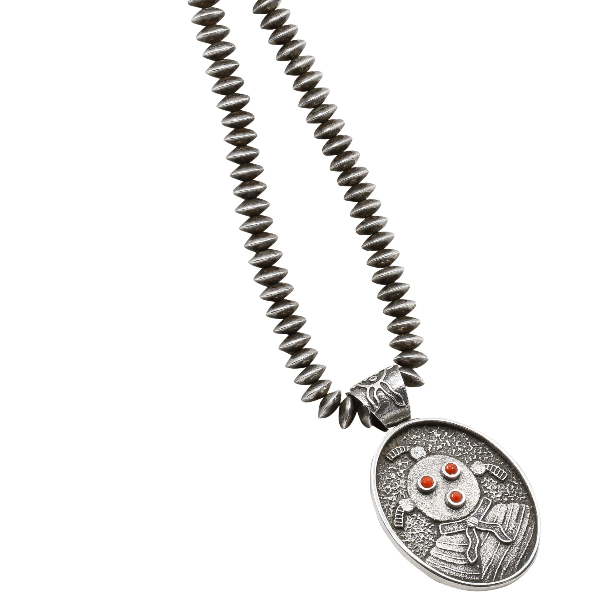 Philander Begay Necklace with Dual Sided Pendant of Mudhead and Pueblo Scene - Turquoise & Tufa