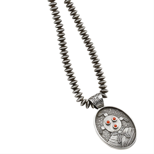 Philander Begay Necklace with Dual Sided Pendant of Mudhead and Pueblo Scene - Turquoise & Tufa