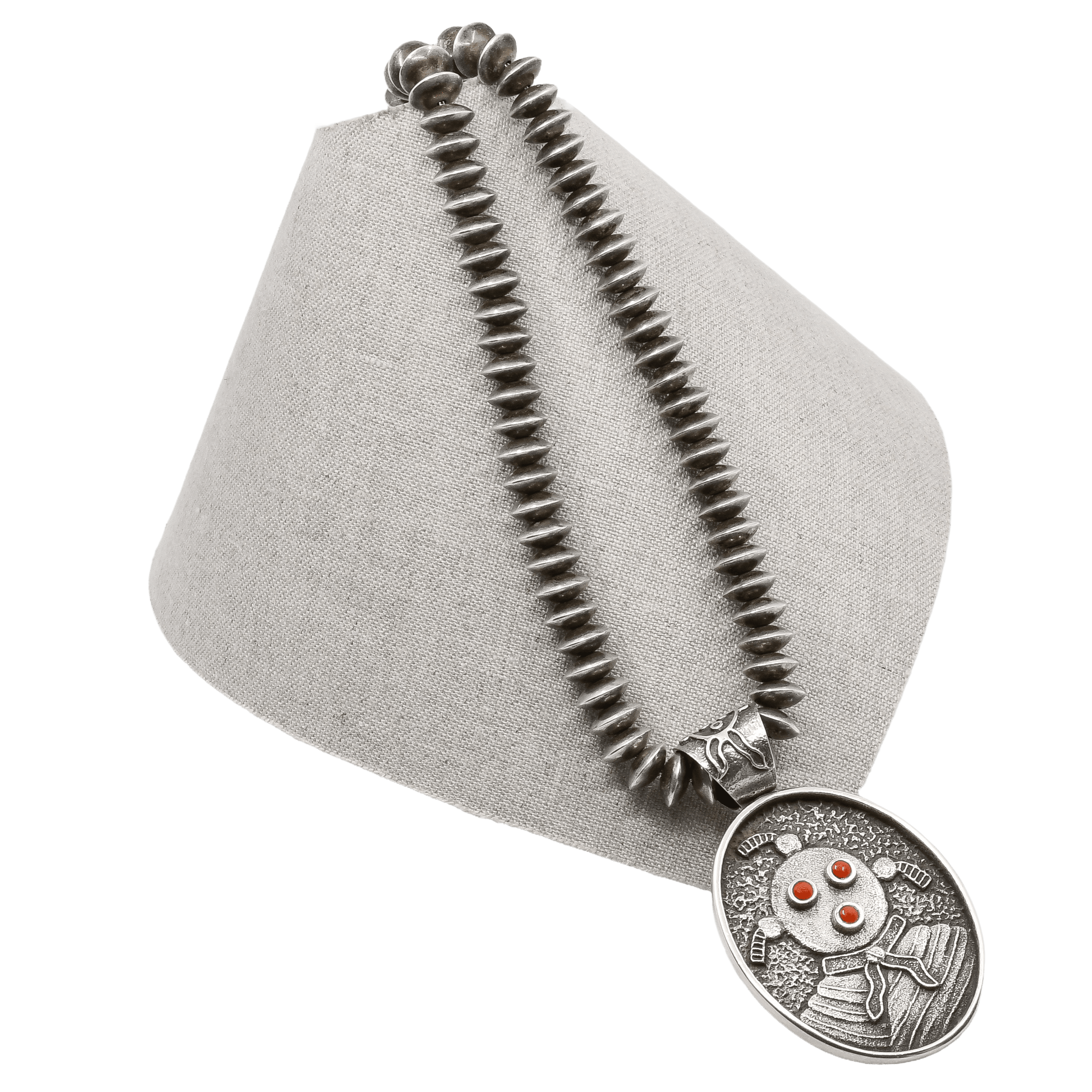 Philander Begay Necklace with Dual Sided Pendant of Mudhead and Pueblo Scene - Turquoise & Tufa