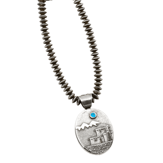 Philander Begay Necklace with Dual Sided Pendant of Mudhead and Pueblo Scene - Turquoise & Tufa