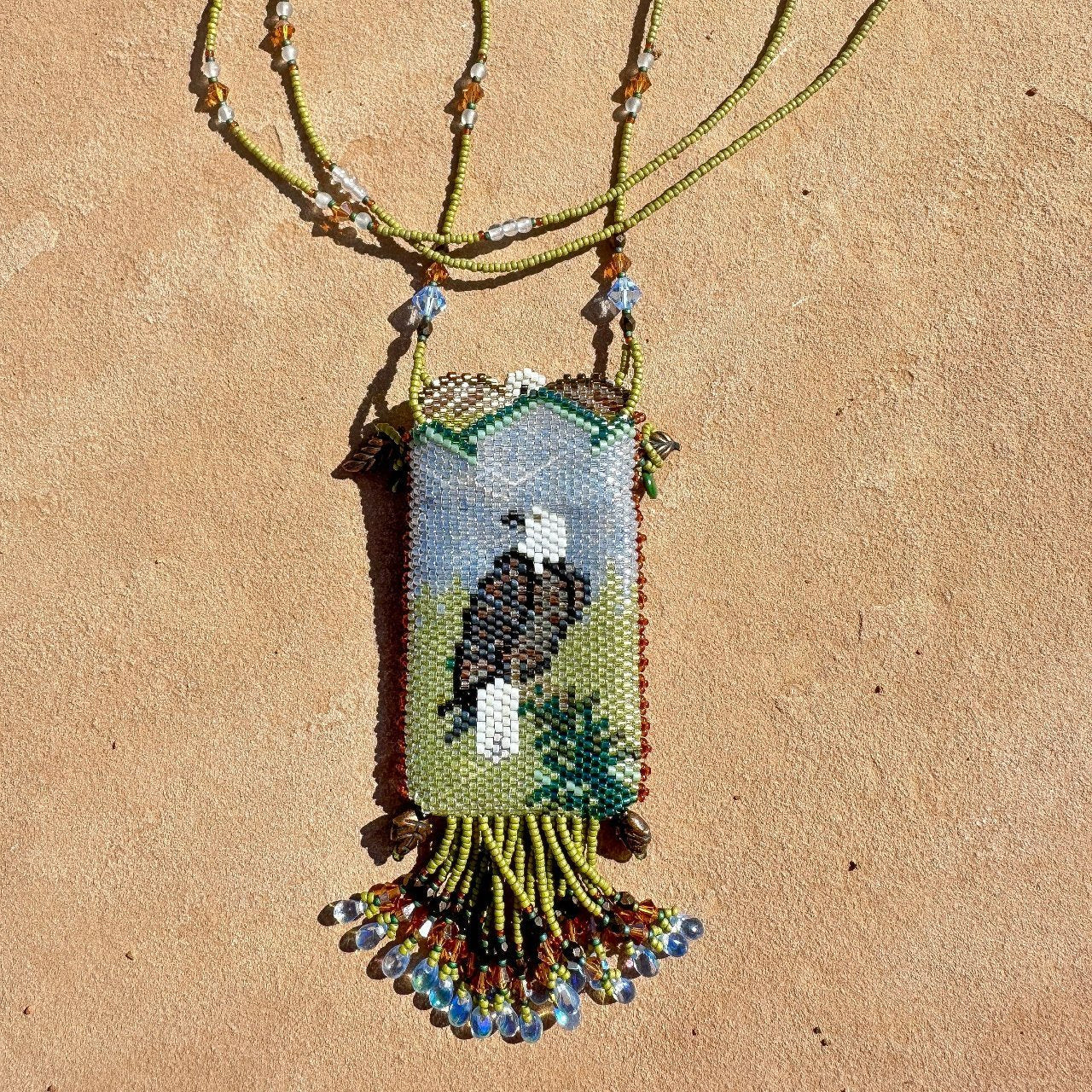 Pictorial Hand Beaded Medicine Pouch Necklace Turtle and Eagle - Turquoise & Tufa