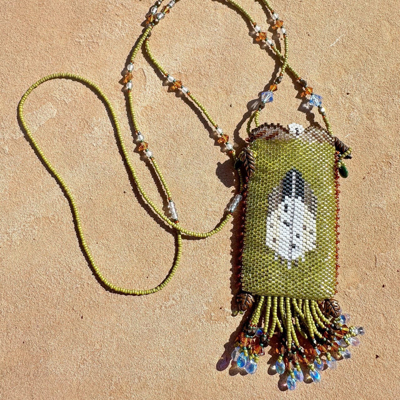 Pictorial Hand Beaded Medicine Pouch Necklace Turtle and Eagle - Turquoise & Tufa