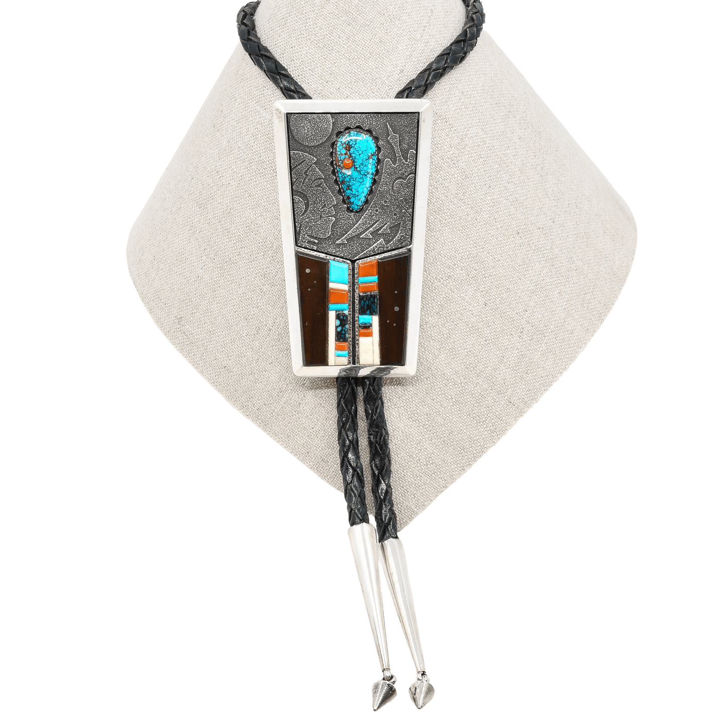 Richard Tsosie Bolo Of Multi - Stone Inlay and Silver Overlay - Turquoise & Tufa