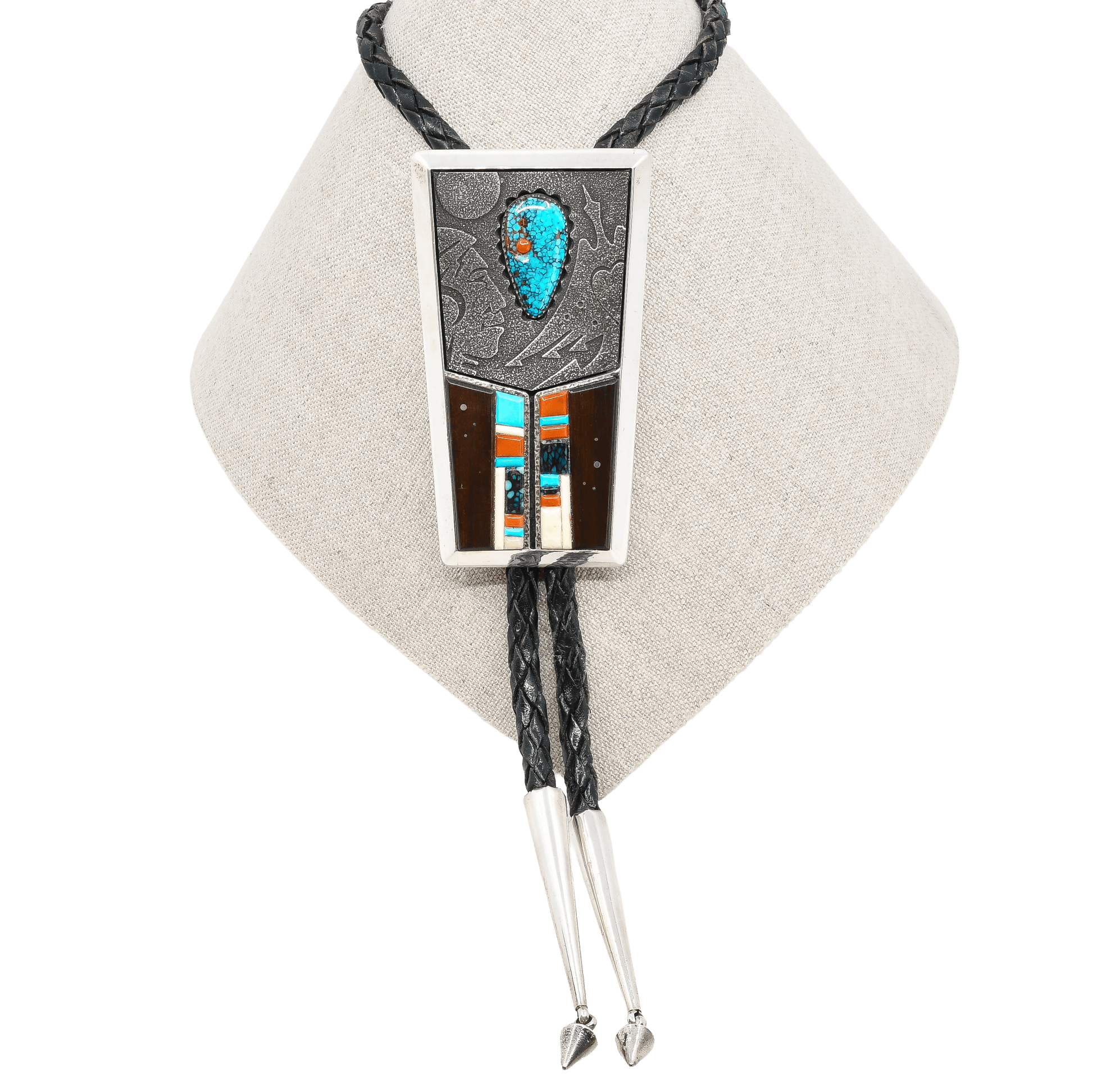 Richard Tsosie Bolo Of Multi - Stone Inlay and Silver Overlay - Turquoise & Tufa