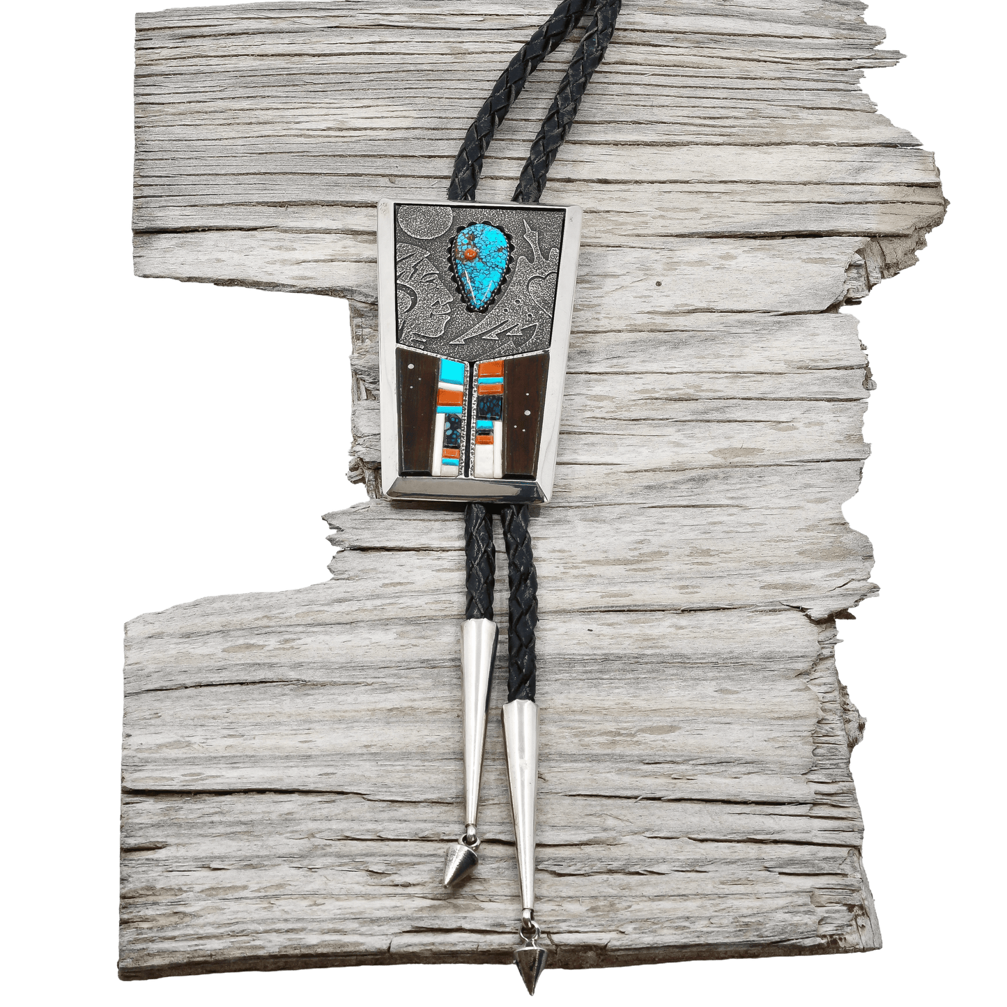 Richard Tsosie Bolo Of Multi - Stone Inlay and Silver Overlay - Turquoise & Tufa